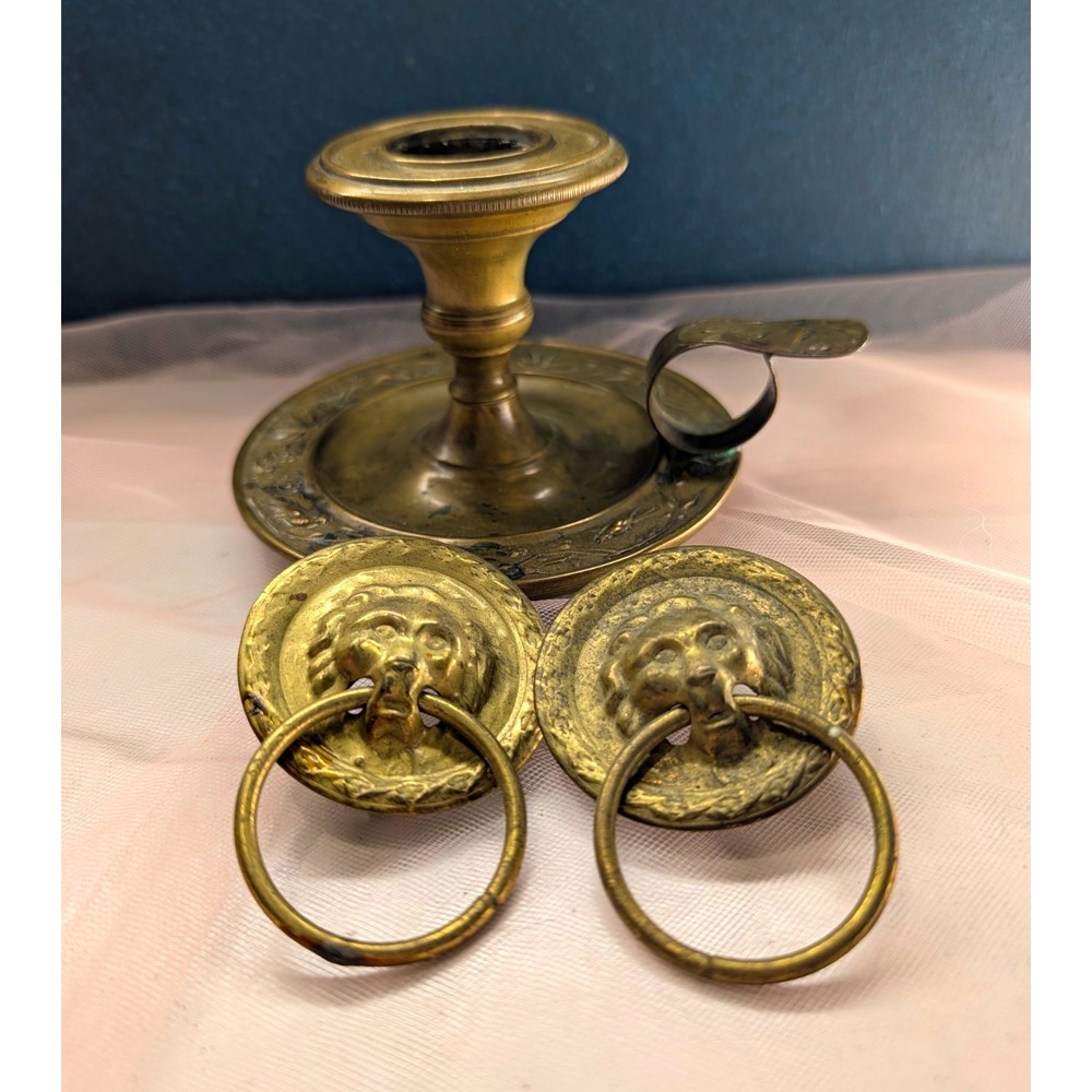 Brass Chamberstick Candle Holder & Pair of Lion Head Ring Pulls Vanity Hardware